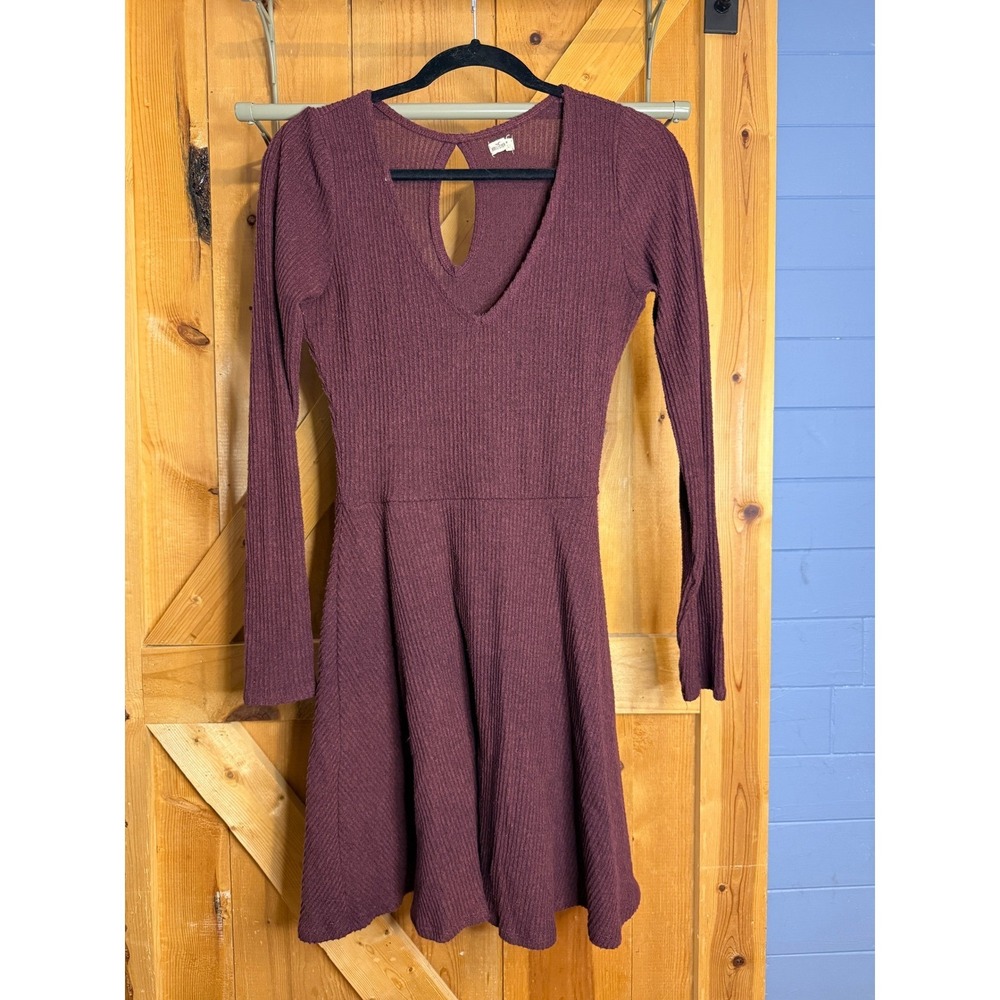 Hollister‎ Ribbed Knit Long Sleeve Fit & Flare Mini Dress Burgundy Casual